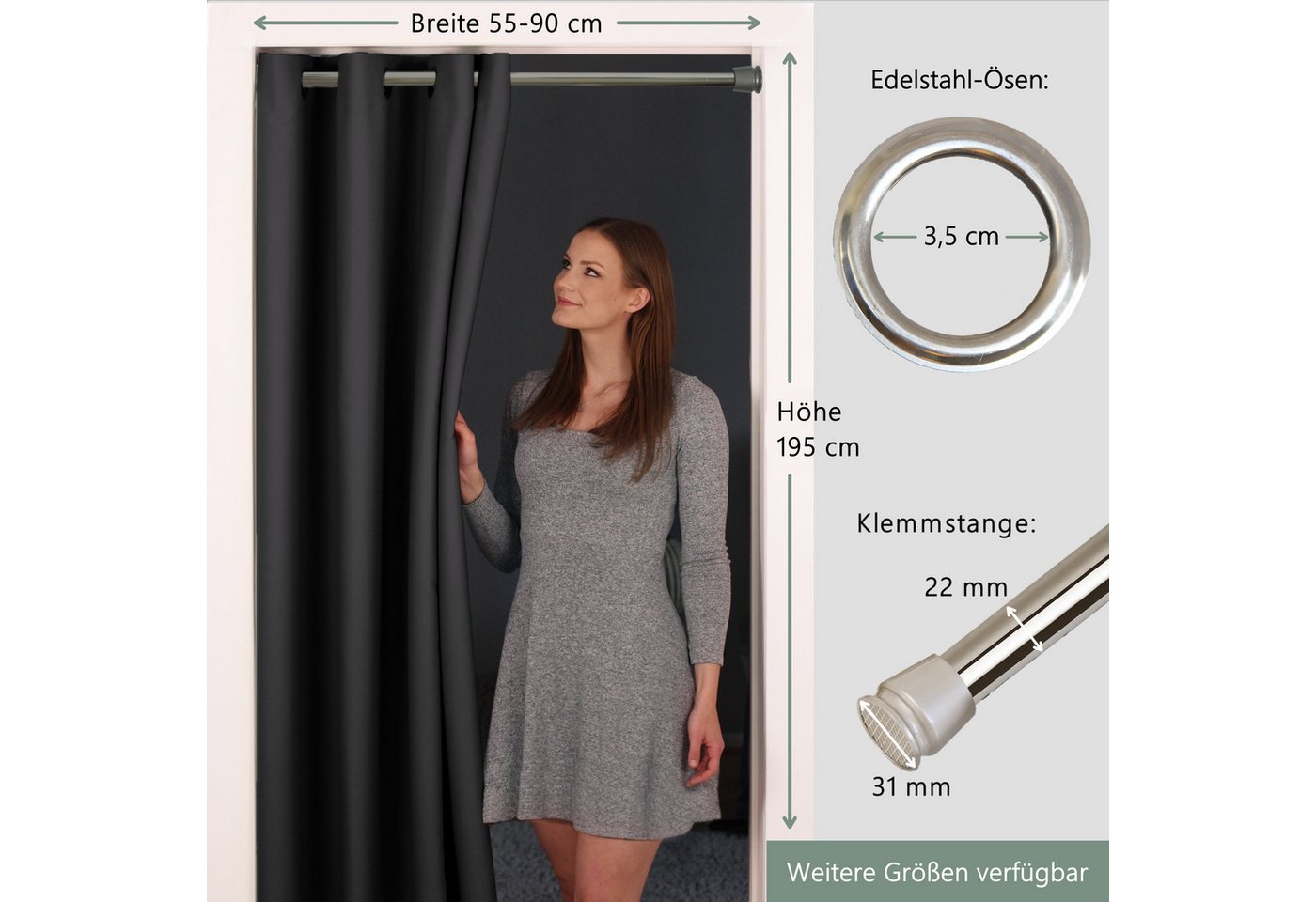 tinycurtains Türvorhang mit Stange silber 55-90 cm ohne Bohren, Thermo Vorhang mit Magneten, Ösen, abdunkelnd, Polyester, blickdicht, Schwarz Eclipse, Türgardin – Bild 2 von 5