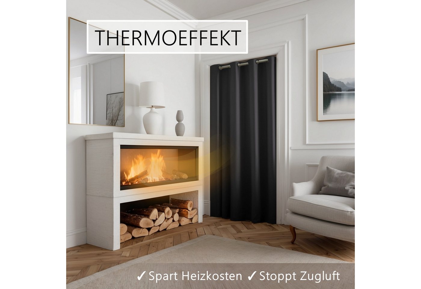 tinycurtains Türvorhang mit Stange silber 55-90 cm ohne Bohren, Thermo Vorhang mit Magneten, Ösen, abdunkelnd, Polyester, blickdicht, Schwarz Eclipse, Türgardin – Bild 4 von 5