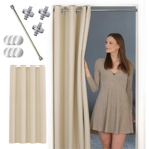 tinycurtains Türvorhang mit Stange silber 55-90 cm ohne Bohren, Thermo Vorhang mit Magneten, Ösen, abdunkelnd, Polyester, blickdicht, beige Driftwood, Türgardin