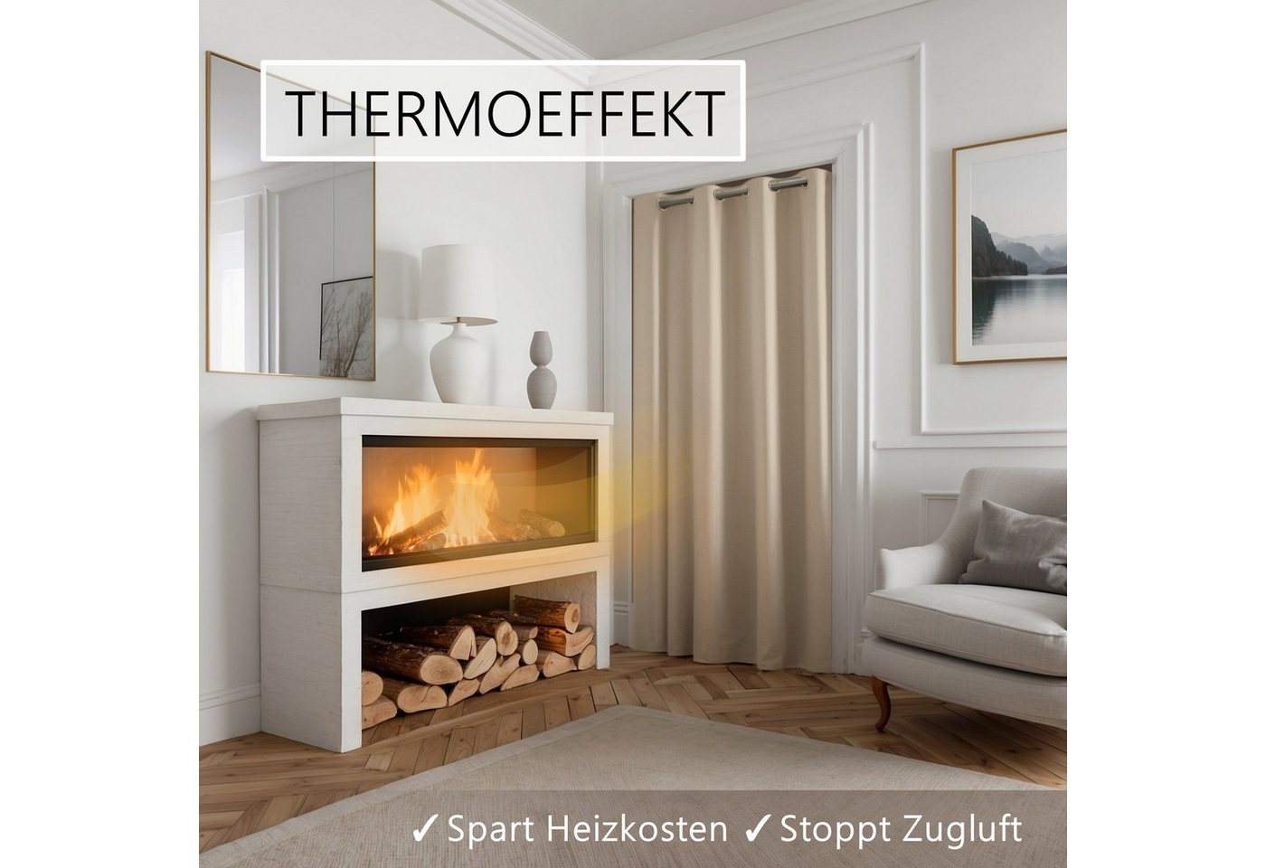 tinycurtains Türvorhang mit Stange silber 55-90 cm ohne Bohren, Thermo Vorhang mit Magneten, Ösen, abdunkelnd, Polyester, blickdicht, beige Driftwood, Türgardin – Bild 4 von 5