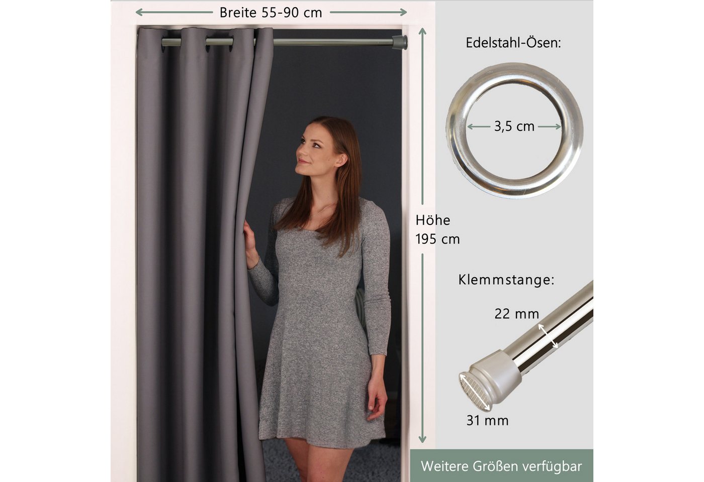 tinycurtains Türvorhang mit Stange silber 55-90 cm ohne Bohren, Thermo Vorhang mit Magneten, Ösen, abdunkelnd, Polyester, blickdicht, grau Nebula, Türgardine mi – Bild 2 von 5