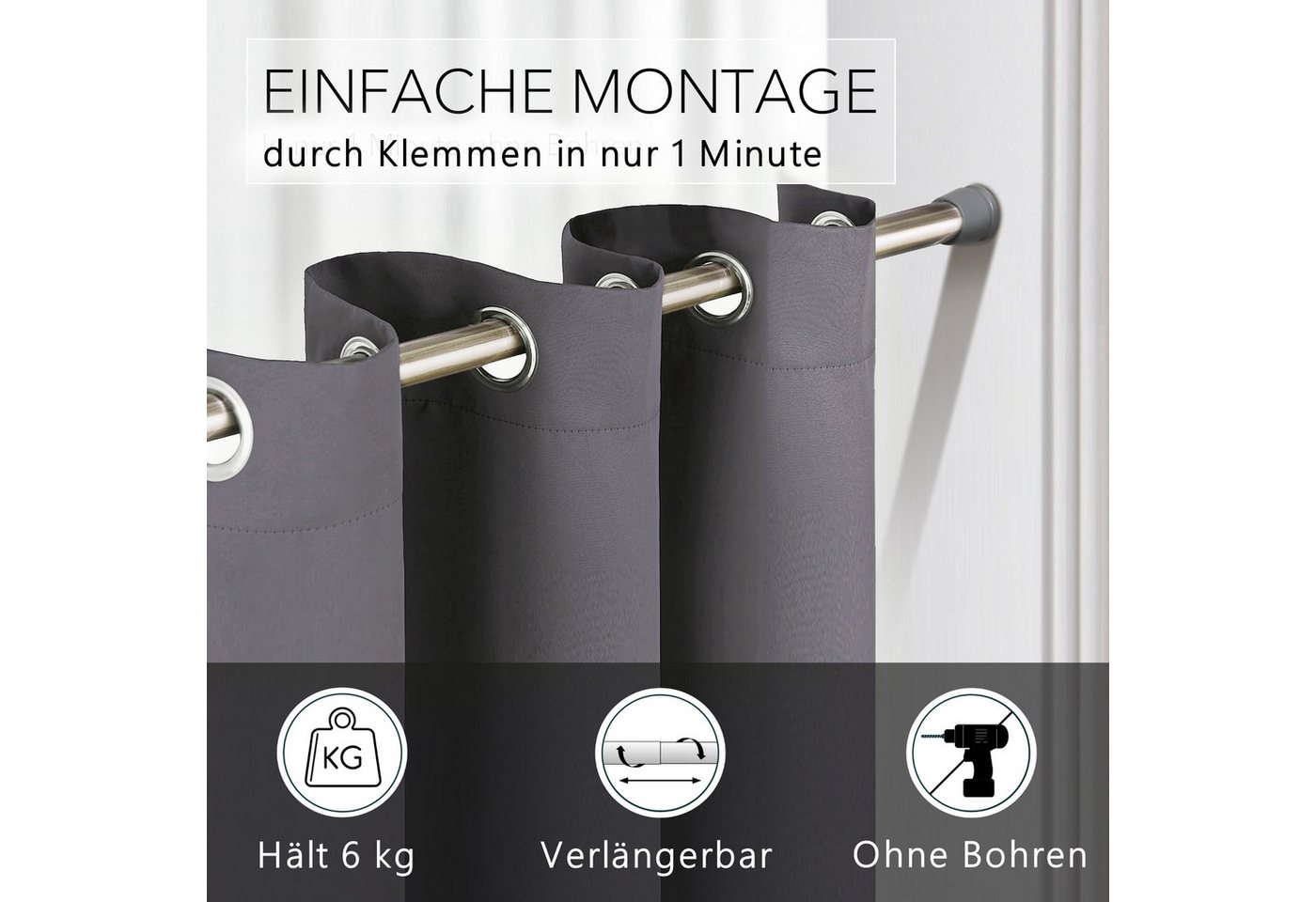 tinycurtains Türvorhang mit Stange silber 55-90 cm ohne Bohren, Thermo Vorhang mit Magneten, Ösen, abdunkelnd, Polyester, blickdicht, grau Nebula, Türgardine mi – Bild 4 von 5