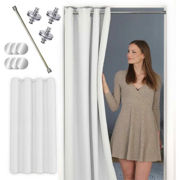 tinycurtains Türvorhang mit Stange silber 55-90 cm ohne Bohren, Thermo Vorhang mit Magneten, Ösen, abdunkelnd, Polyester, blickdicht, weiß Purity, Türgardine mi