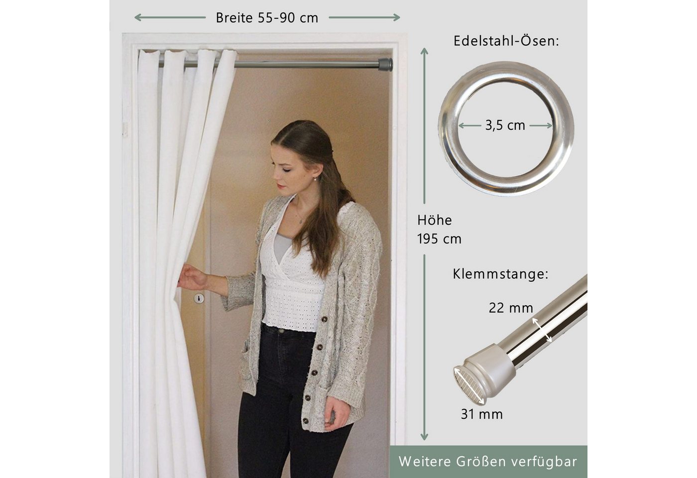 tinycurtains Türvorhang mit Stange silber 55-90 cm ohne Bohren, Thermo Vorhang mit Magneten, Ösen, abdunkelnd, Polyester, blickdicht, weiß Purity, Türgardine mi – Bild 2 von 5