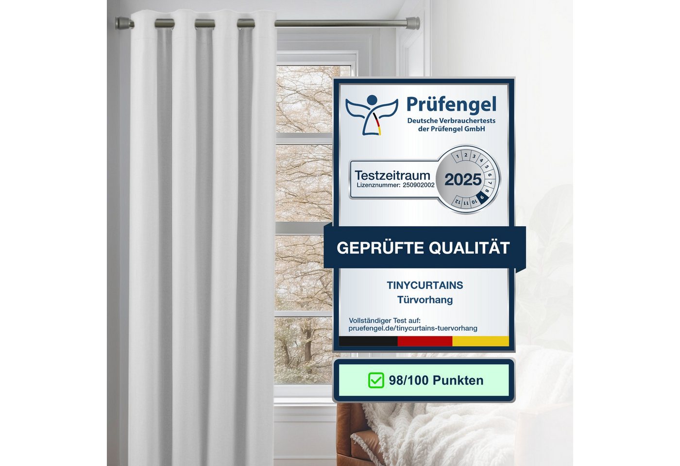 tinycurtains Türvorhang mit Stange silber 55-90 cm ohne Bohren, Thermo Vorhang mit Magneten, Ösen, abdunkelnd, Polyester, blickdicht, weiß Purity, Türgardine mi – Bild 3 von 5
