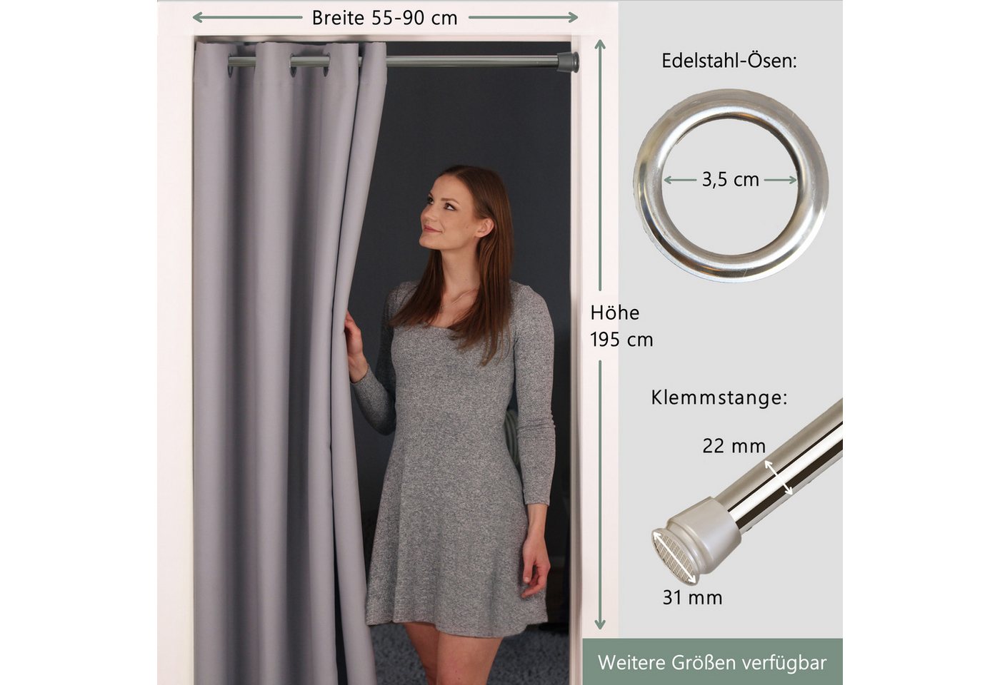 tinycurtains Türvorhang mit Stange silber 55-90 cm ohne Bohren, Thermo Vorhang mit Magneten, Ösen, abdunkelnd, Polyester, blickdicht, hellgrau Moonlight, Türgar – Bild 2 von 5
