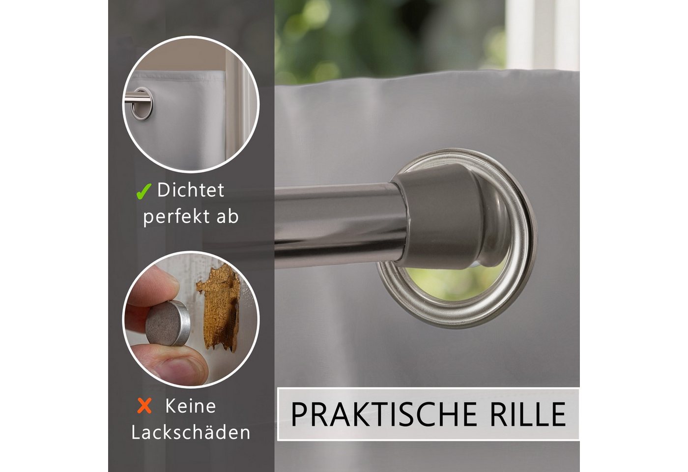 tinycurtains Türvorhang mit Stange silber 55-90 cm ohne Bohren, Thermo Vorhang mit Magneten, Ösen, abdunkelnd, Polyester, blickdicht, hellgrau Moonlight, Türgar – Bild 5 von 5