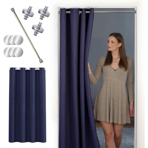 tinycurtains Türvorhang mit Stange silber 70-120 cm Thermo Vorhang ohne Bohren, mit Magneten, Ösen, abdunkelnd, Polyester, dunkelblau Ocean, Türgardine mit Klem