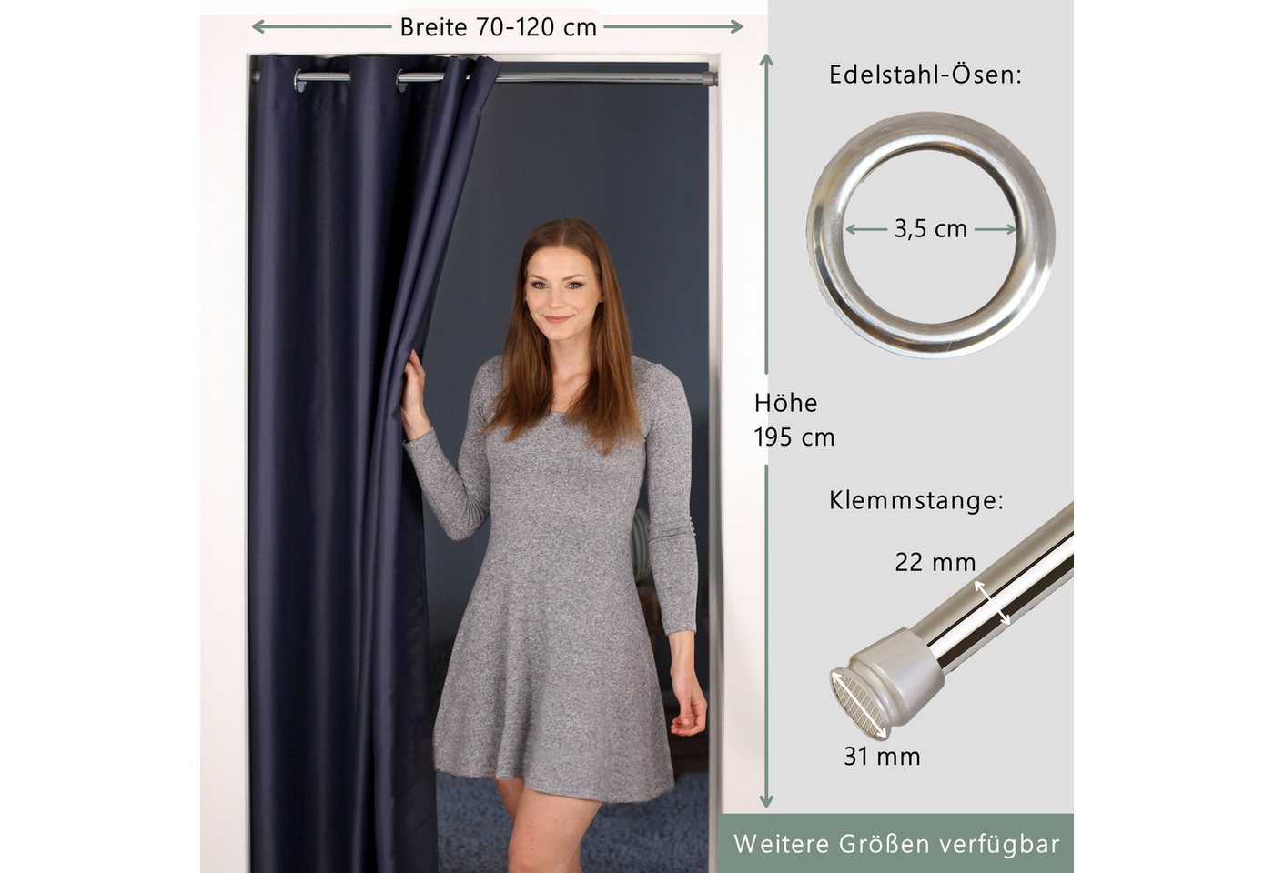 tinycurtains Türvorhang mit Stange silber 70-120 cm Thermo Vorhang ohne Bohren, mit Magneten, Ösen, abdunkelnd, Polyester, dunkelblau Ocean, Türgardine mit Klem – Bild 2 von 5