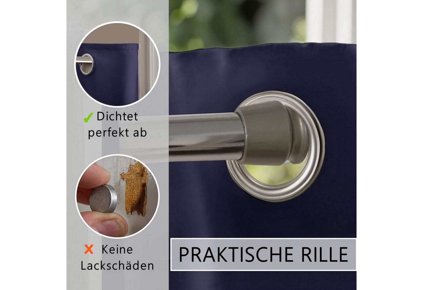 tinycurtains Türvorhang mit Stange silber 70-120 cm Thermo Vorhang ohne Bohren, mit Magneten, Ösen, abdunkelnd, Polyester, dunkelblau Ocean, Türgardine mit Klem – Bild 5 von 5