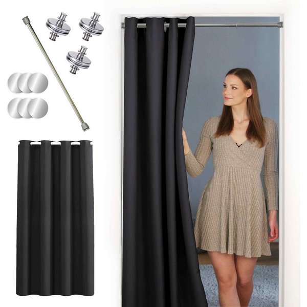 tinycurtains Türvorhang mit Stange silber 70-120 cm Thermo Vorhang ohne Bohren, mit Magneten, Ösen, abdunkelnd, Polyester, blickdicht, Schwarz Eclipse, Türgardi