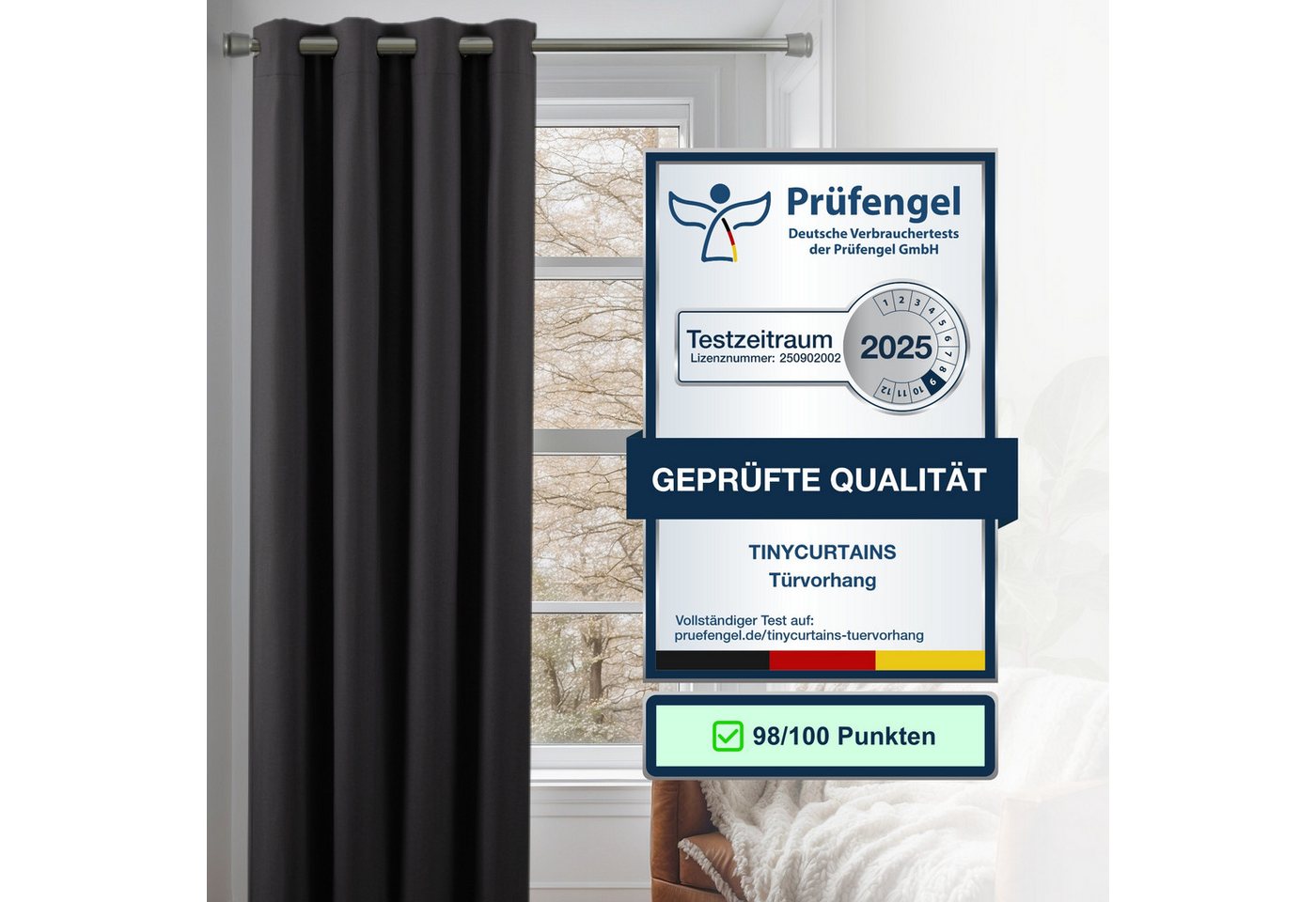 tinycurtains Türvorhang mit Stange silber 70-120 cm Thermo Vorhang ohne Bohren, mit Magneten, Ösen, abdunkelnd, Polyester, blickdicht, Schwarz Eclipse, Türgardi – Bild 3 von 5