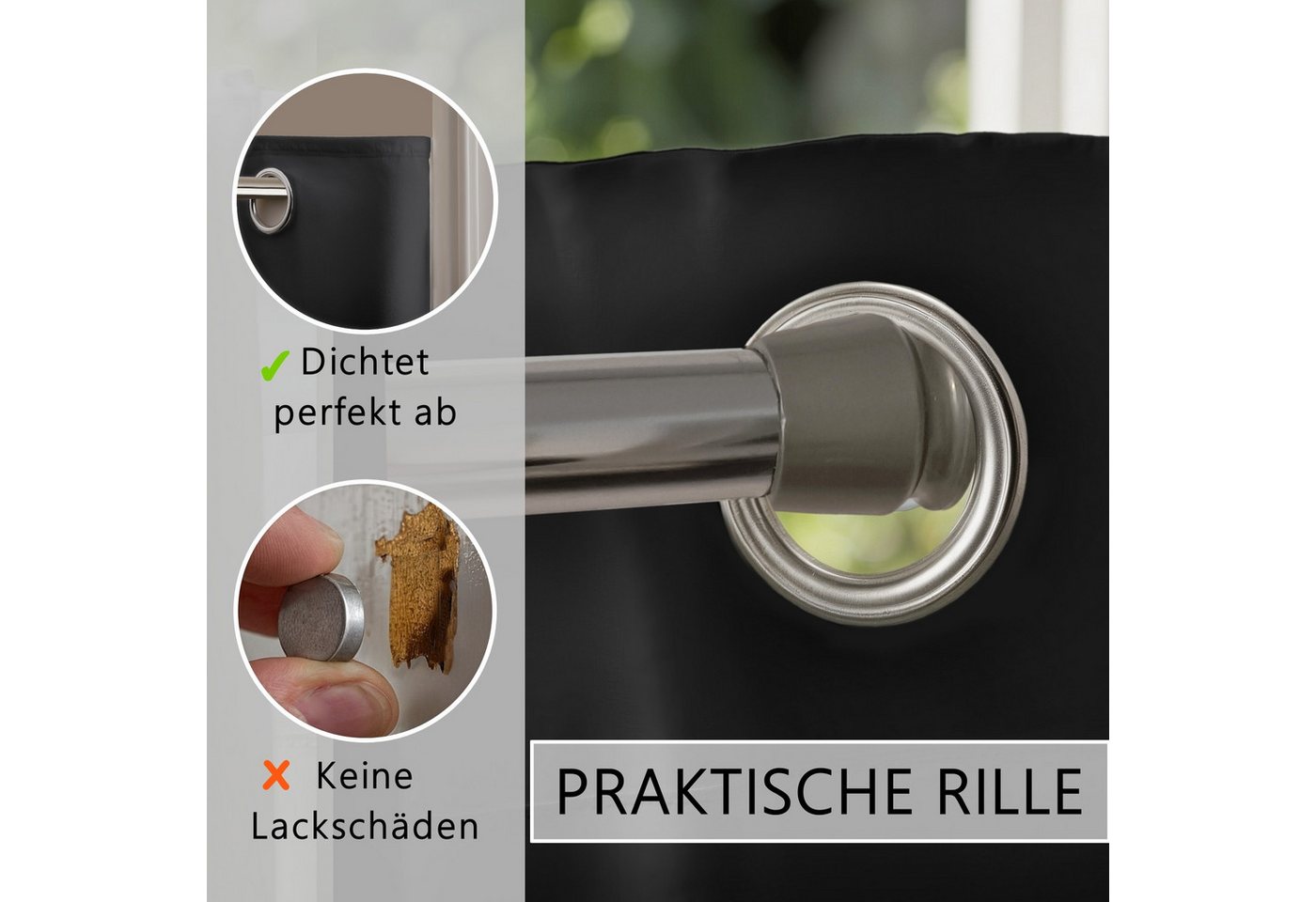 tinycurtains Türvorhang mit Stange silber 70-120 cm Thermo Vorhang ohne Bohren, mit Magneten, Ösen, abdunkelnd, Polyester, blickdicht, Schwarz Eclipse, Türgardi – Bild 5 von 5