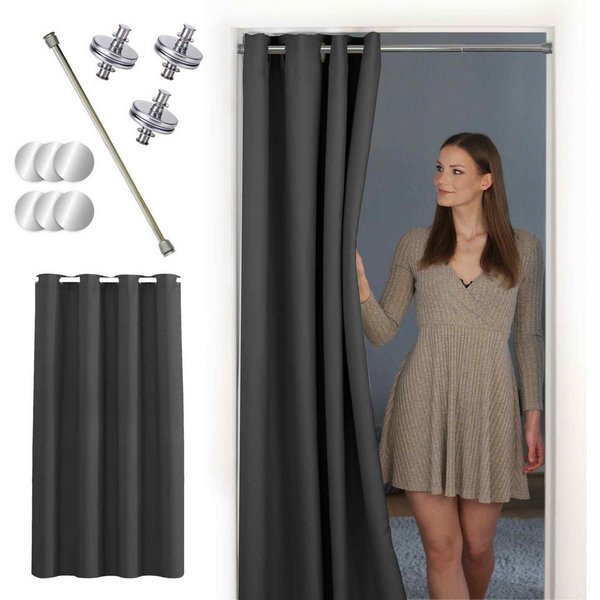 tinycurtains Türvorhang mit Stange silber 70-120 cm Thermo Vorhang ohne Bohren, mit Magneten, Ösen, abdunkelnd, Polyester, blickdicht, Anthrazit Nebula, Türgard