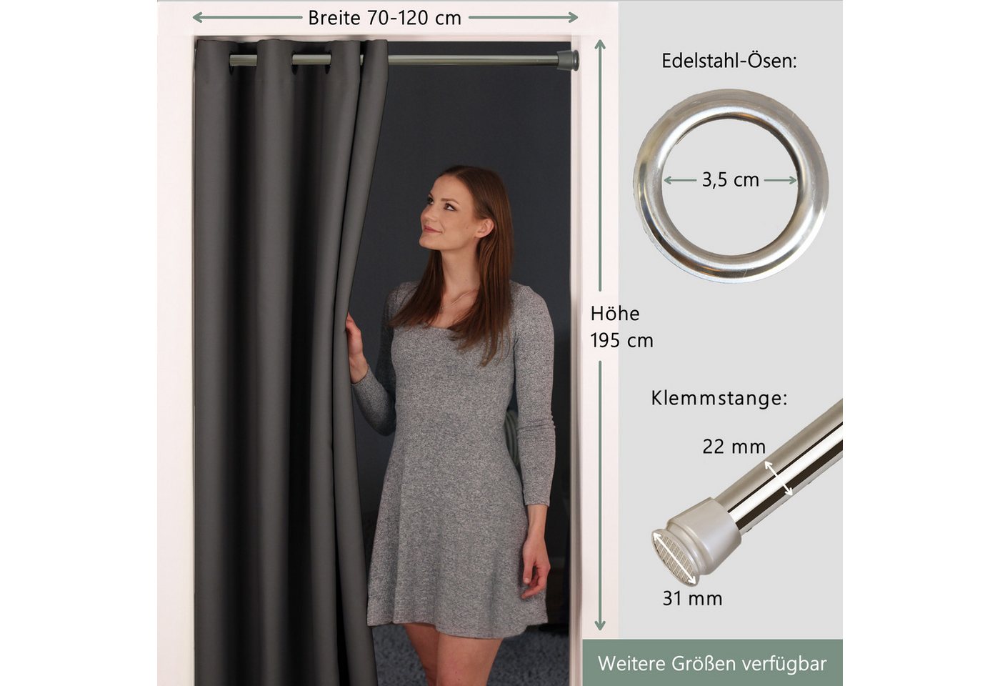 tinycurtains Türvorhang mit Stange silber 70-120 cm Thermo Vorhang ohne Bohren, mit Magneten, Ösen, abdunkelnd, Polyester, blickdicht, Anthrazit Nebula, Türgard – Bild 2 von 5