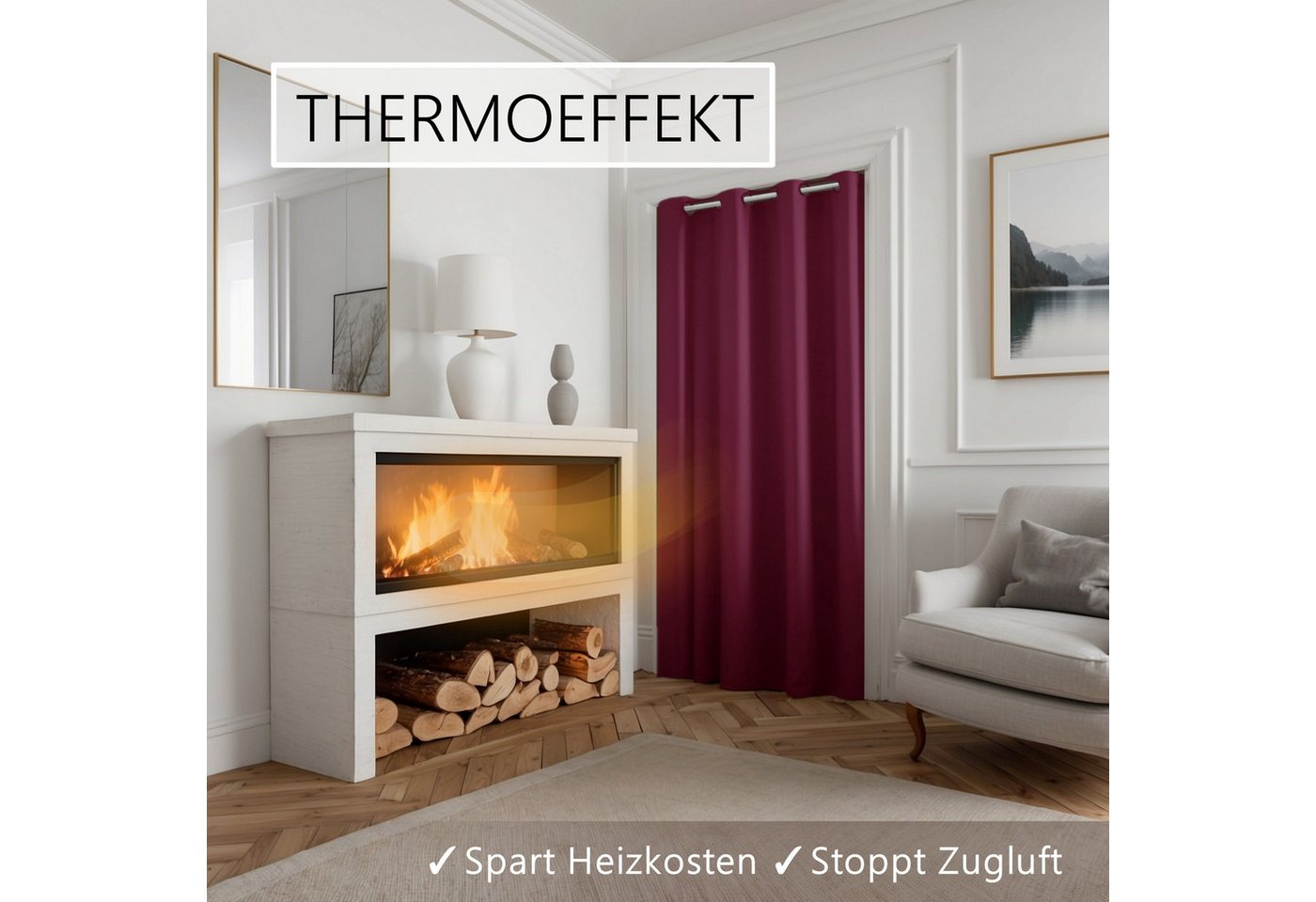 tinycurtains Türvorhang mit Stange silber 70-120 cm Thermo Vorhang ohne Bohren, mit Magneten, Ösen, abdunkelnd, Polyester, bordeaux rot Berry, Türgardine mit Kl – Bild 4 von 5