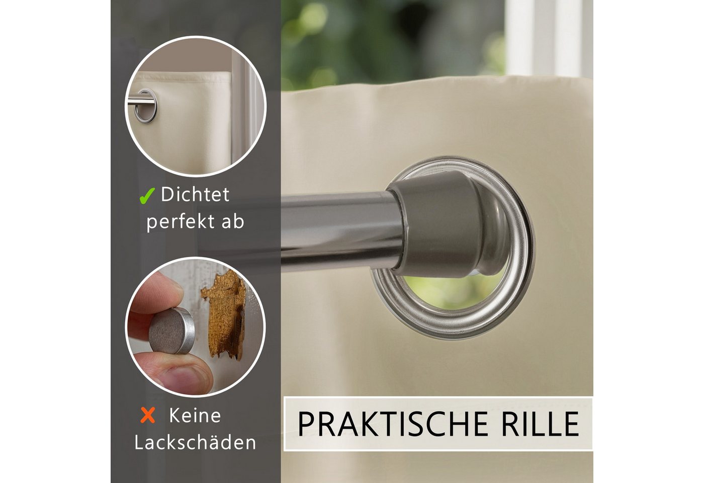 tinycurtains Türvorhang mit Stange silber 70-120 cm Thermo Vorhang ohne Bohren, mit Magneten, Ösen, abdunkelnd, Polyester, beige Driftwood, Türgardine mit Klemm – Bild 5 von 5