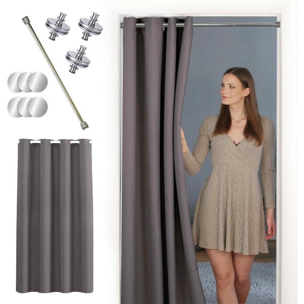 tinycurtains Türvorhang mit Stange silber 70-120 cm Thermo Vorhang ohne Bohren, mit Magneten, Ösen, abdunkelnd, Polyester, grau Nebula, Türgardine mit Klemmstan