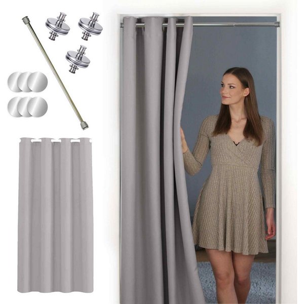 tinycurtains Türvorhang mit Stange silber 70-120 cm Thermo Vorhang ohne Bohren, mit Magneten, Ösen, abdunkelnd, Polyester, hellgrau Moonlight, Türgardine mit Kl