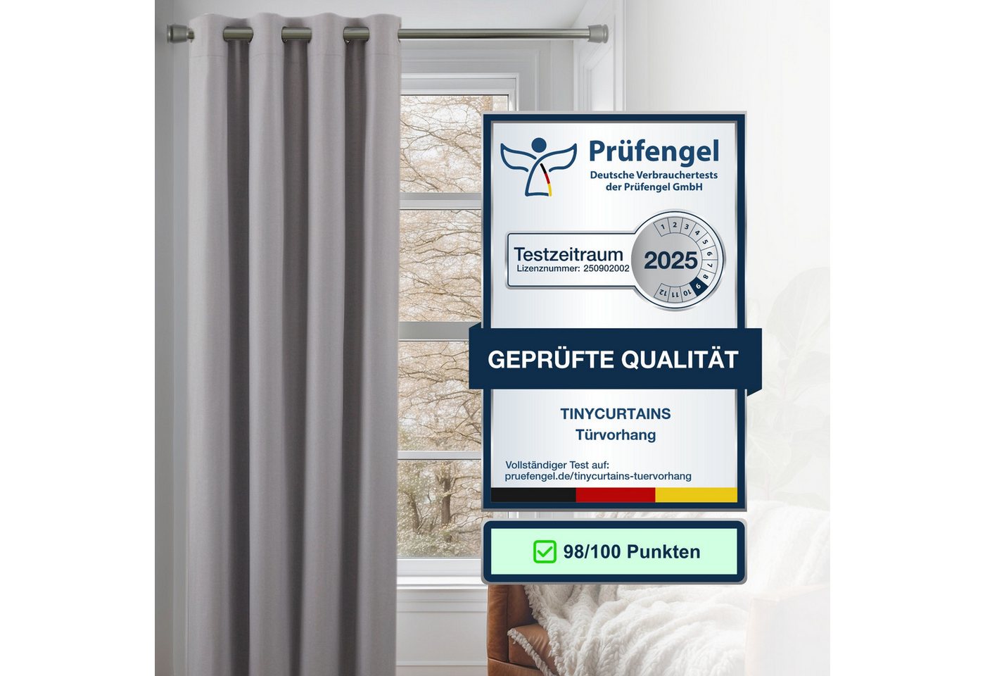 tinycurtains Türvorhang mit Stange silber 70-120 cm Thermo Vorhang ohne Bohren, mit Magneten, Ösen, abdunkelnd, Polyester, hellgrau Moonlight, Türgardine mit Kl – Bild 3 von 5