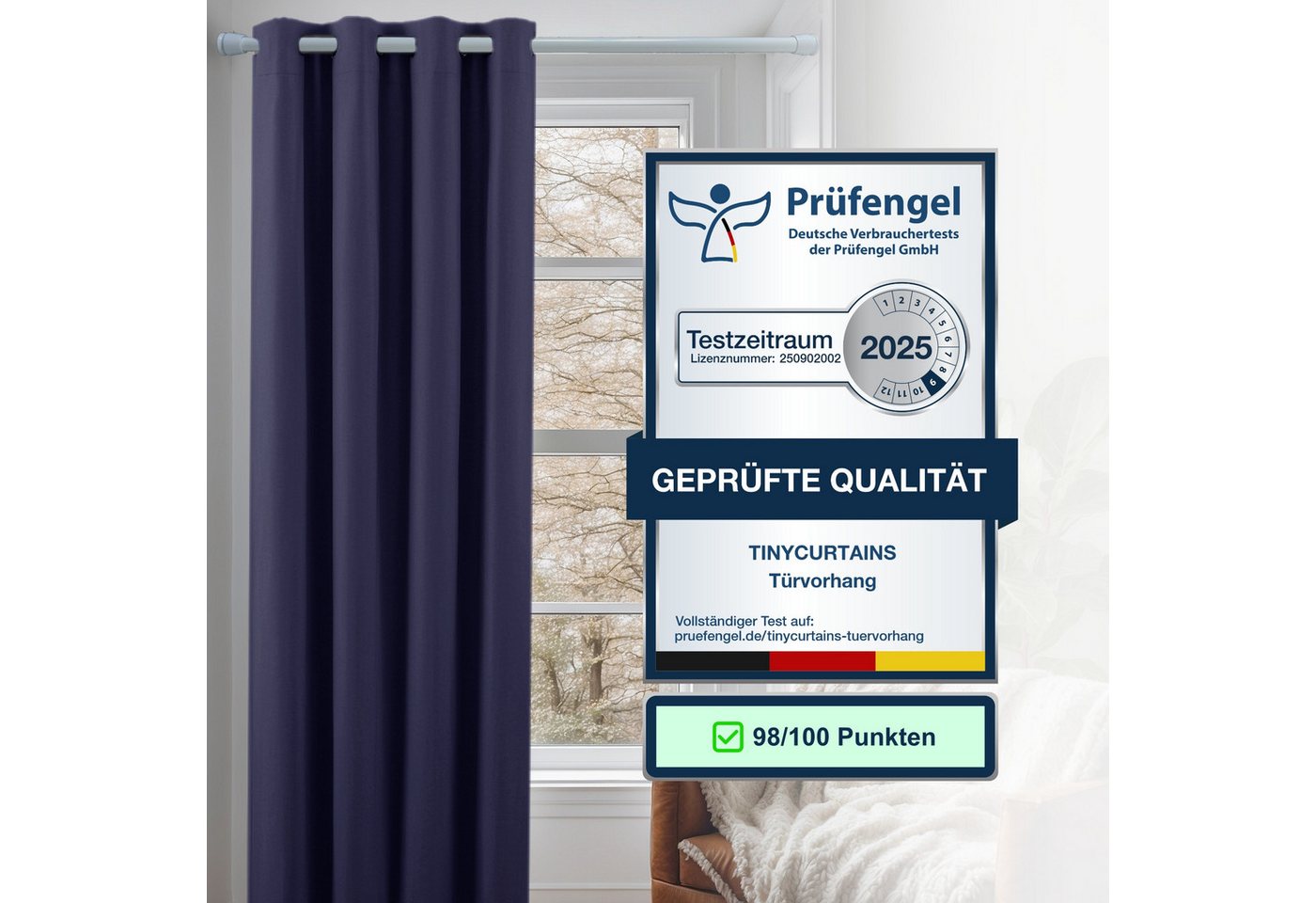 tinycurtains Türvorhang mit Stange weiß 55-90 cm ohne Bohren, Thermo Vorhang Tür, Ösen, abdunkelnd, Polyester, dunkelblau Ocean, Türgardine mit Klemmstange Raum – Bild 3 von 5