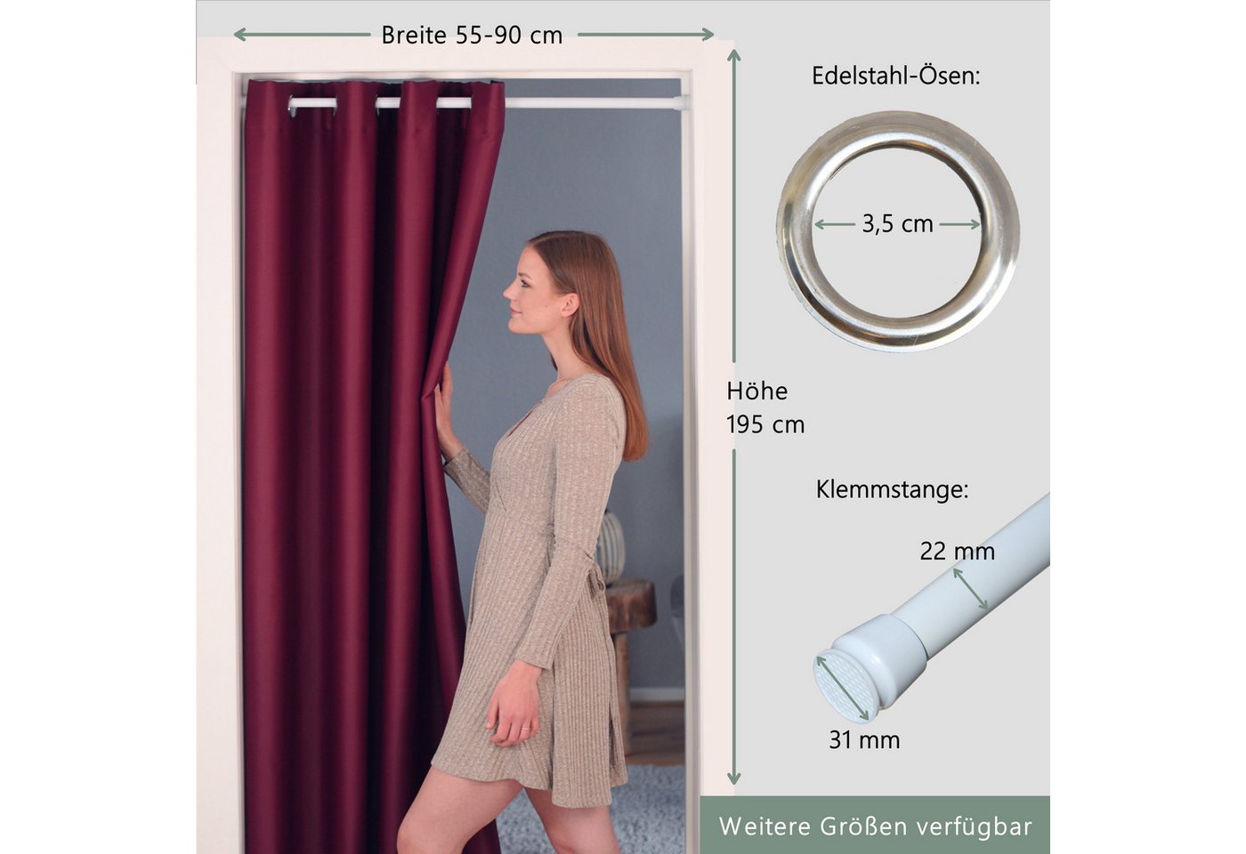 tinycurtains Türvorhang mit Stange weiß 55-90 cm ohne Bohren, Thermo Vorhang Tür, Ösen, abdunkelnd, Polyester, bordeaux rot Berry, Türgardine mit Klemmstange Ra – Bild 2 von 5