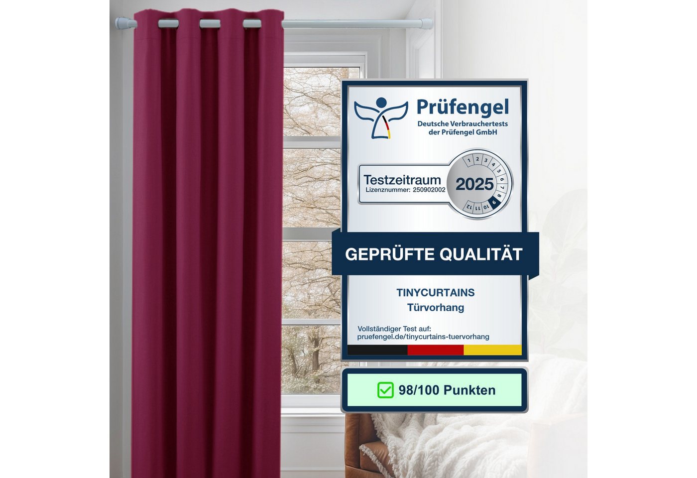tinycurtains Türvorhang mit Stange weiß 55-90 cm ohne Bohren, Thermo Vorhang Tür, Ösen, abdunkelnd, Polyester, bordeaux rot Berry, Türgardine mit Klemmstange Ra – Bild 3 von 5