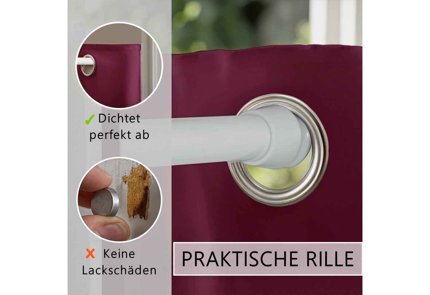 tinycurtains Türvorhang mit Stange weiß 55-90 cm ohne Bohren, Thermo Vorhang Tür, Ösen, abdunkelnd, Polyester, bordeaux rot Berry, Türgardine mit Klemmstange Ra – Bild 5 von 5