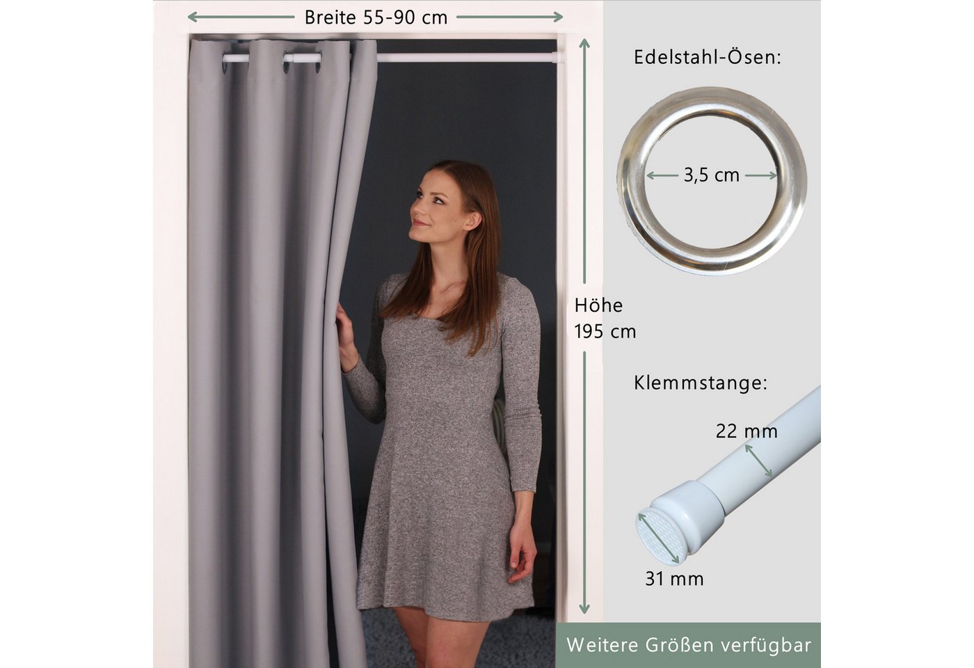 tinycurtains Türvorhang mit Stange weiß 55-90 cm ohne Bohren, Thermo Vorhang Tür, Ösen, abdunkelnd, Polyester, hellgrau Moonlight, Türgardine mit Klemmstange Ra – Bild 2 von 5