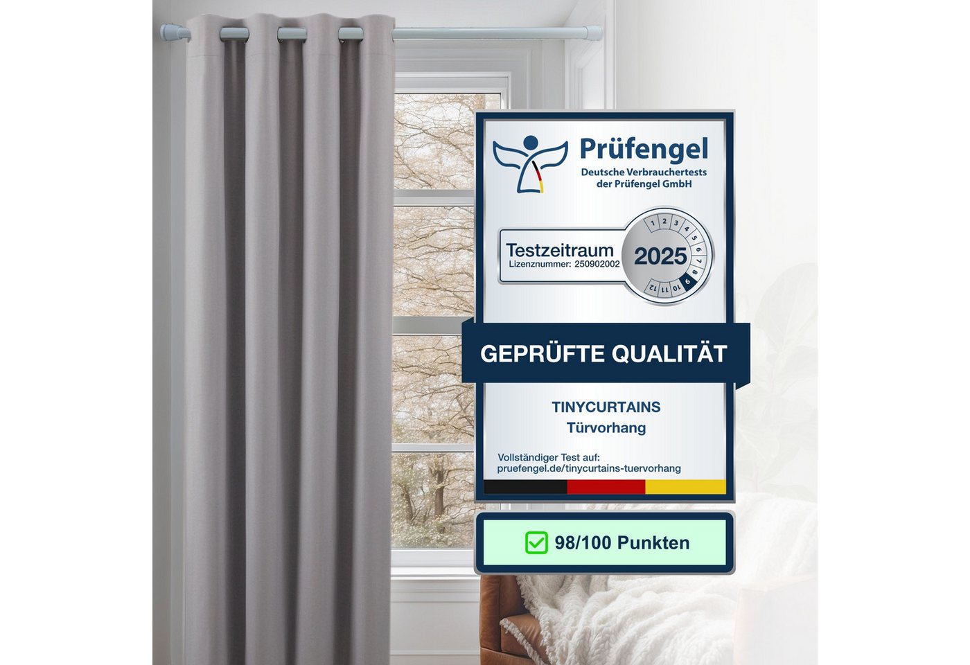 tinycurtains Türvorhang mit Stange weiß 55-90 cm ohne Bohren, Thermo Vorhang Tür, Ösen, abdunkelnd, Polyester, hellgrau Moonlight, Türgardine mit Klemmstange Ra – Bild 3 von 5