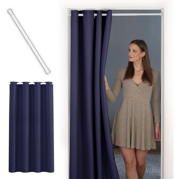 tinycurtains Türvorhang mit Stange weiß 70-120 cm Thermo Vorhang ohne Bohren, blickdicht, Ösen, verdunkelnd, Polyester, dunkelblau Ocean, Türgardine mit Klemmst