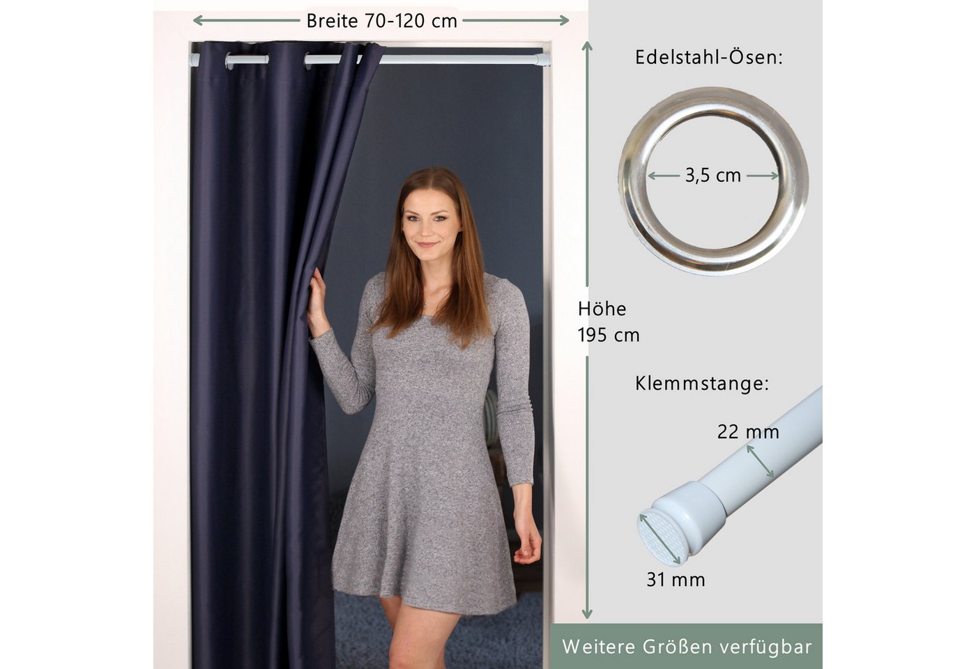 tinycurtains Türvorhang mit Stange weiß 70-120 cm Thermo Vorhang ohne Bohren, blickdicht, Ösen, verdunkelnd, Polyester, dunkelblau Ocean, Türgardine mit Klemmst – Bild 2 von 5