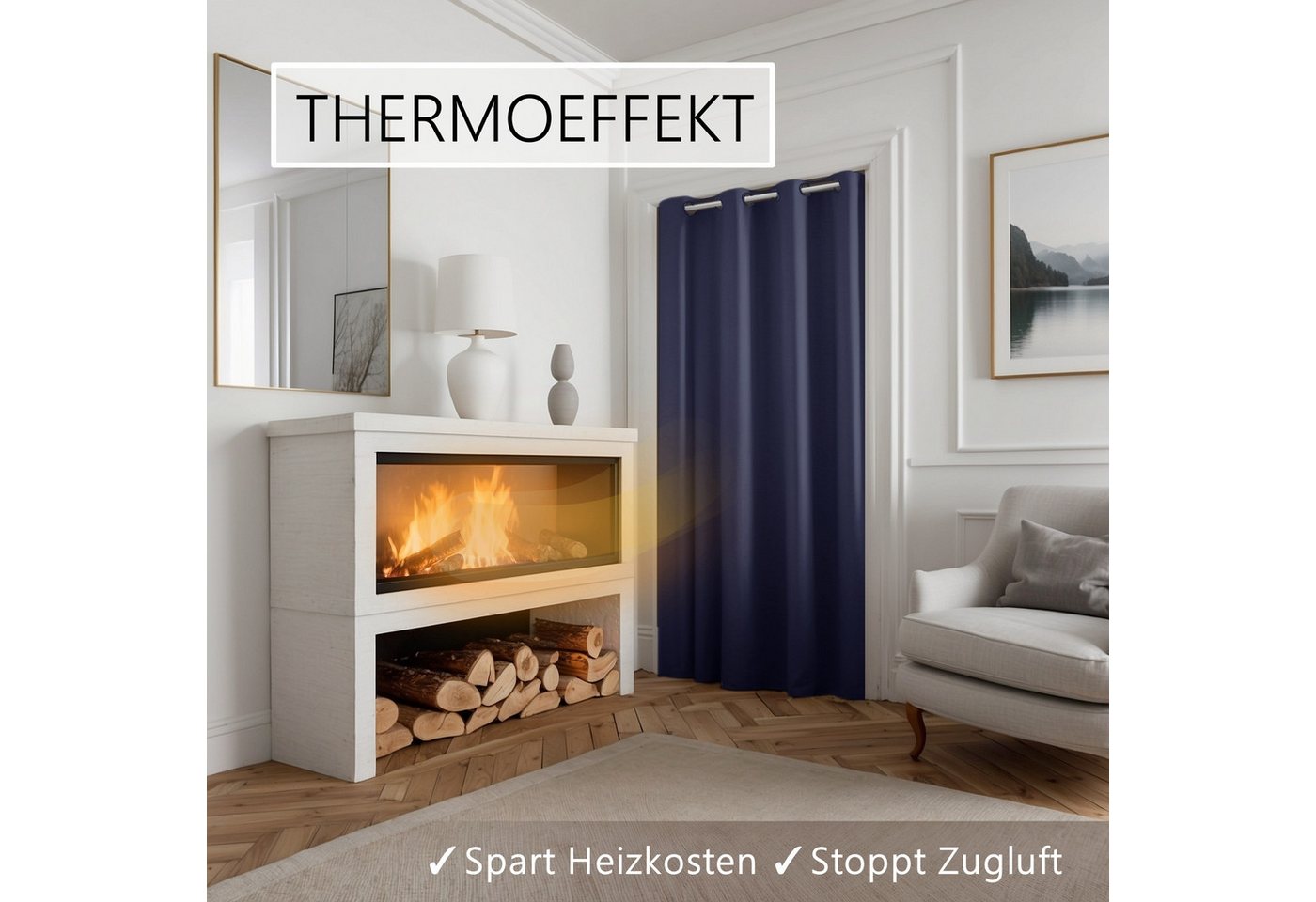 tinycurtains Türvorhang mit Stange weiß 70-120 cm Thermo Vorhang ohne Bohren, blickdicht, Ösen, verdunkelnd, Polyester, dunkelblau Ocean, Türgardine mit Klemmst – Bild 4 von 5
