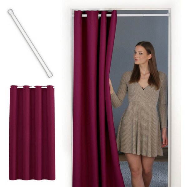 tinycurtains Türvorhang mit Stange weiß 70-120 cm Thermo Vorhang ohne Bohren, blickdicht, Ösen, verdunkelnd, Polyester, bordeaux rot Berry, Türgardine mit Klemm
