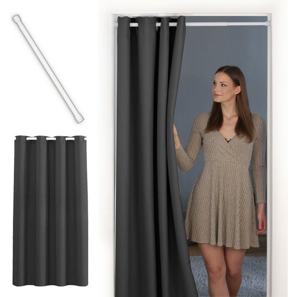 tinycurtains Türvorhang mit Stange weiß 70-120 cm Thermo Vorhang ohne Bohren, blickdicht, Ösen, verdunkelnd, Polyester, blickdicht, Anthrazit Nebula, Türgardine