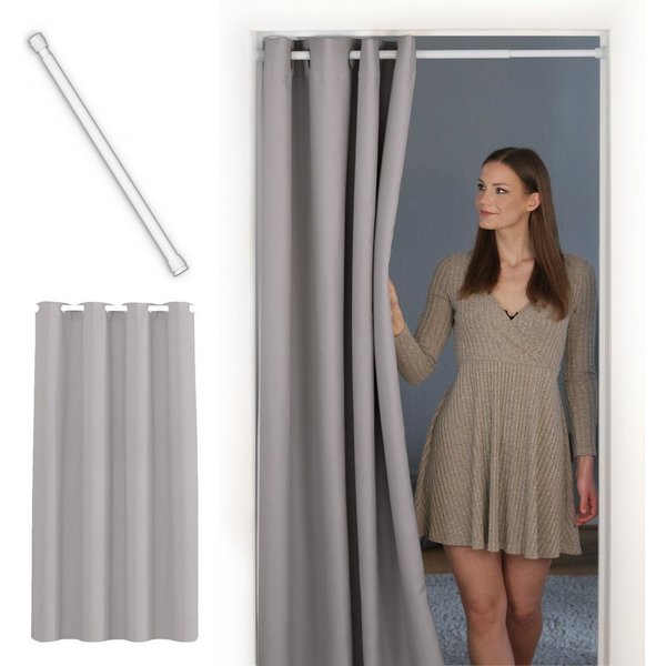 tinycurtains Türvorhang mit Stange weiß 70-120 cm Thermo Vorhang ohne Bohren, blickdicht, Ösen, verdunkelnd, Polyester, hellgrau Moonlight, Türgardine mit Klemm