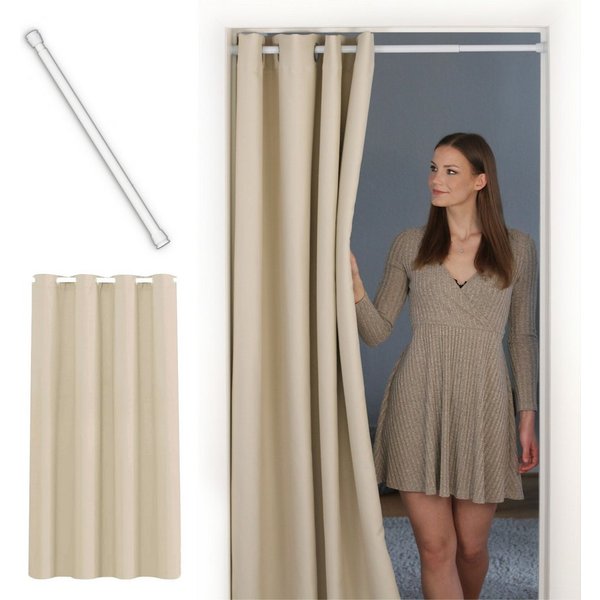 tinycurtains Türvorhang mit Stange weiß 70-120 cm Thermo Vorhang ohne Bohren, blickdicht, Ösen, verdunkelnd, Polyester, beige Driftwood, Türgardine mit Klemmsta