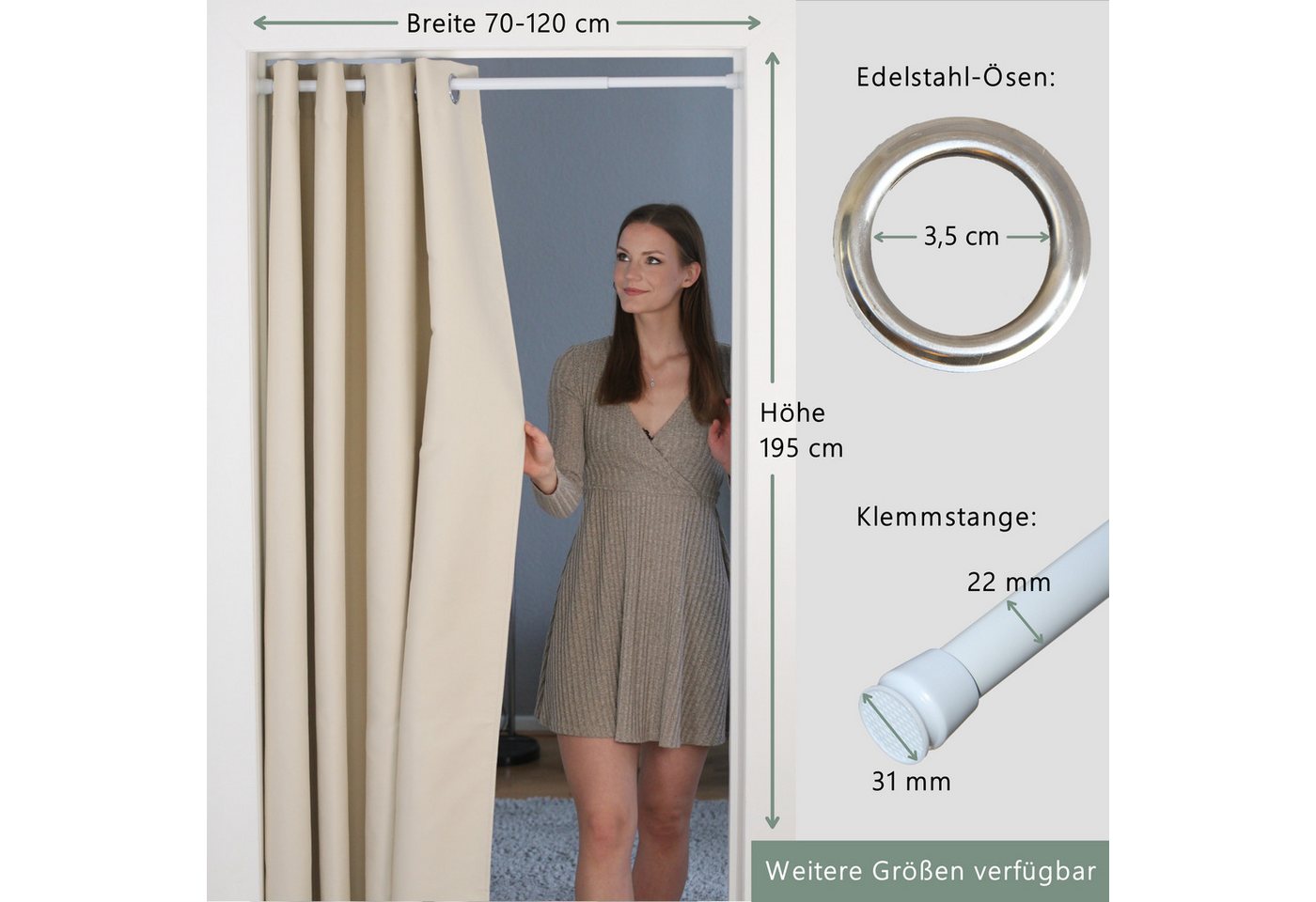 tinycurtains Türvorhang mit Stange weiß 70-120 cm Thermo Vorhang ohne Bohren, blickdicht, Ösen, verdunkelnd, Polyester, beige Driftwood, Türgardine mit Klemmsta – Bild 2 von 5
