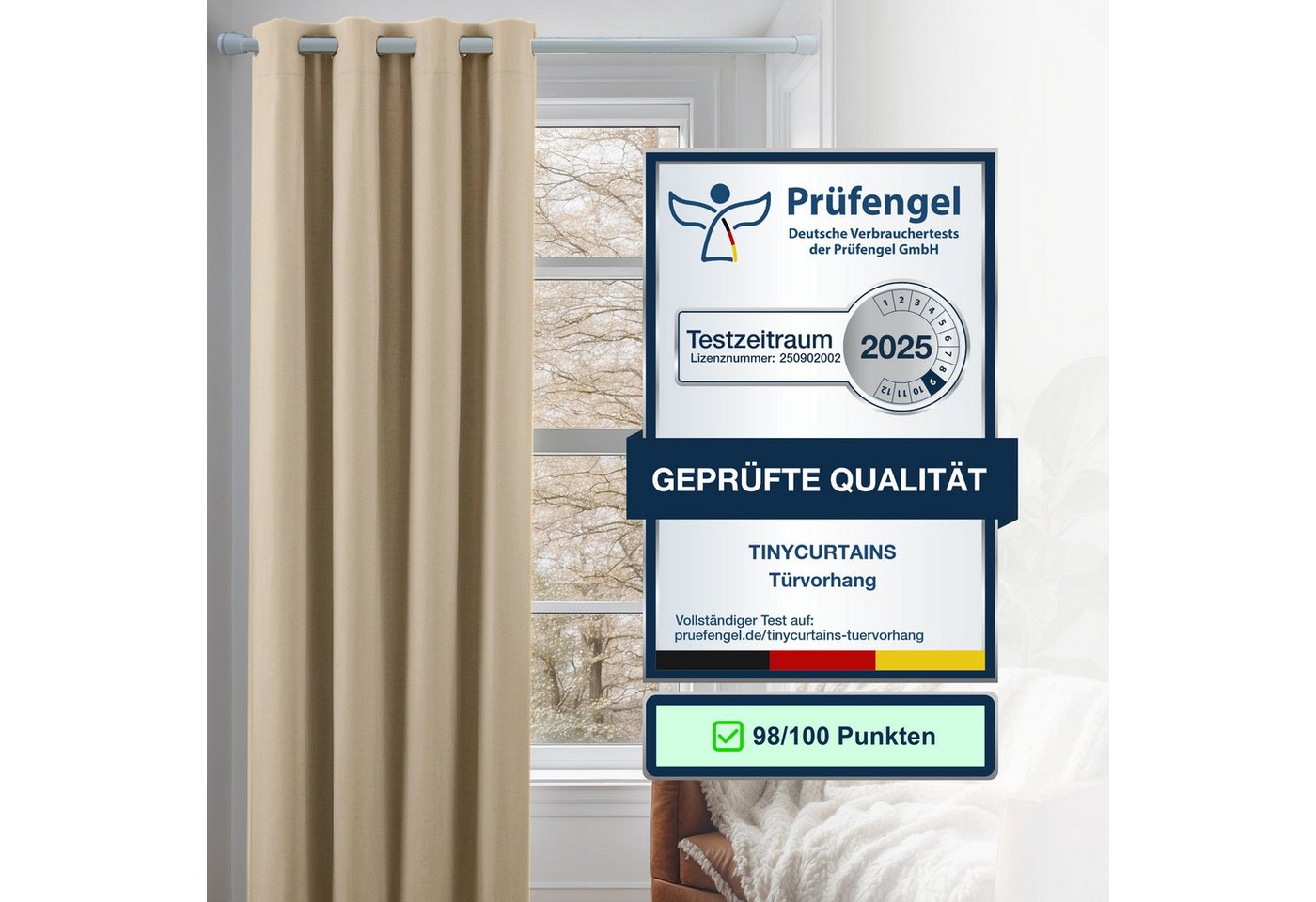 tinycurtains Türvorhang mit Stange weiß 70-120 cm Thermo Vorhang ohne Bohren, blickdicht, Ösen, verdunkelnd, Polyester, beige Driftwood, Türgardine mit Klemmsta – Bild 3 von 5