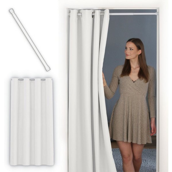 tinycurtains Türvorhang mit Stange weiß 70-120 cm Thermo Vorhang ohne Bohren, blickdicht, Ösen, verdunkelnd, Polyester, weiß Purity, Türgardine mit Klemmstange 