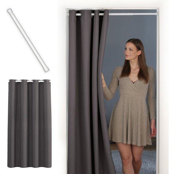 tinycurtains Türvorhang mit Stange weiß 70-120 cm Thermo Vorhang ohne Bohren, blickdicht, Ösen, verdunkelnd, Polyester, grau Nebula, Türgardine mit Klemmstange 