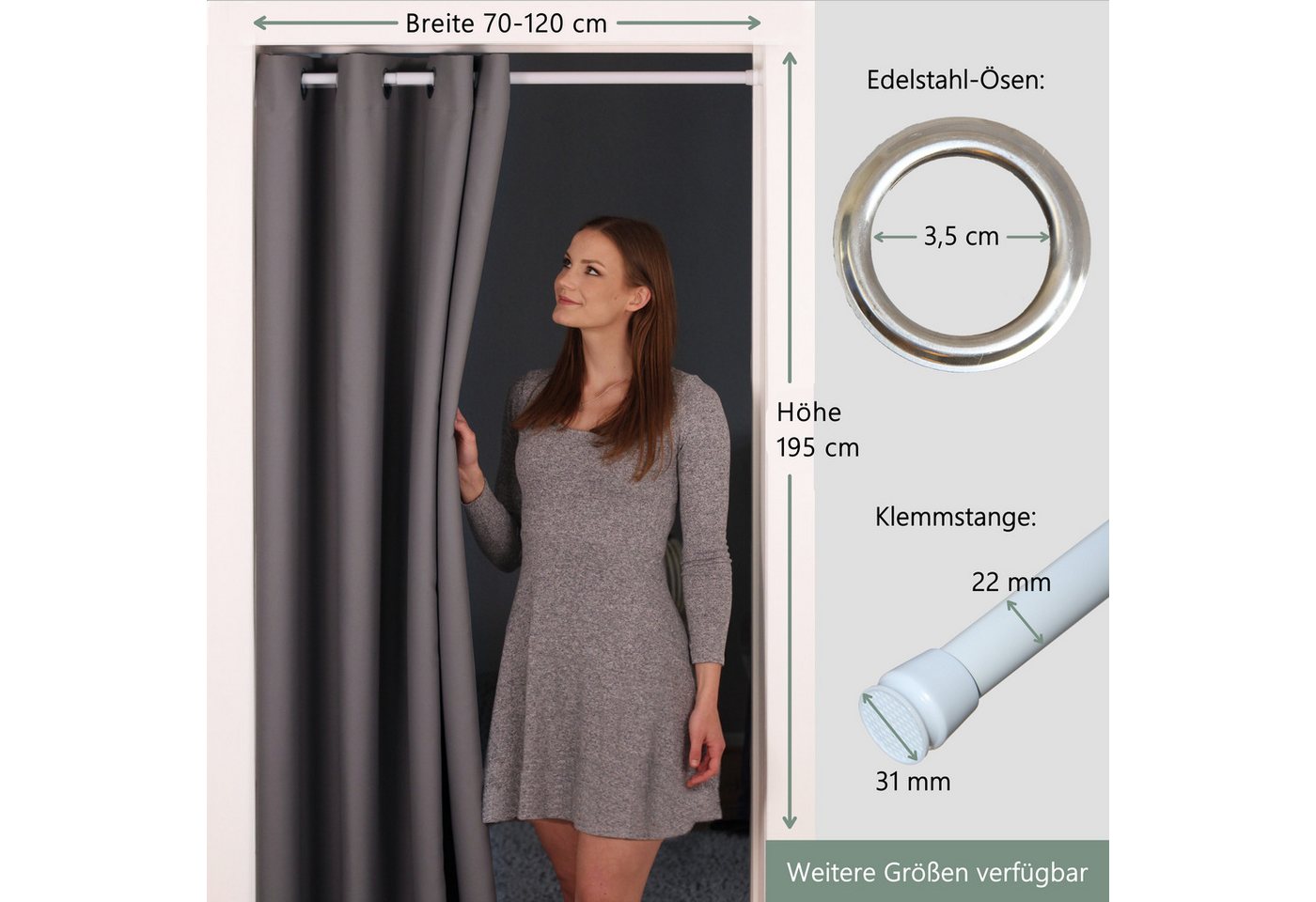 tinycurtains Türvorhang mit Stange weiß 70-120 cm Thermo Vorhang ohne Bohren, blickdicht, Ösen, verdunkelnd, Polyester, grau Nebula, Türgardine mit Klemmstange  – Bild 2 von 5