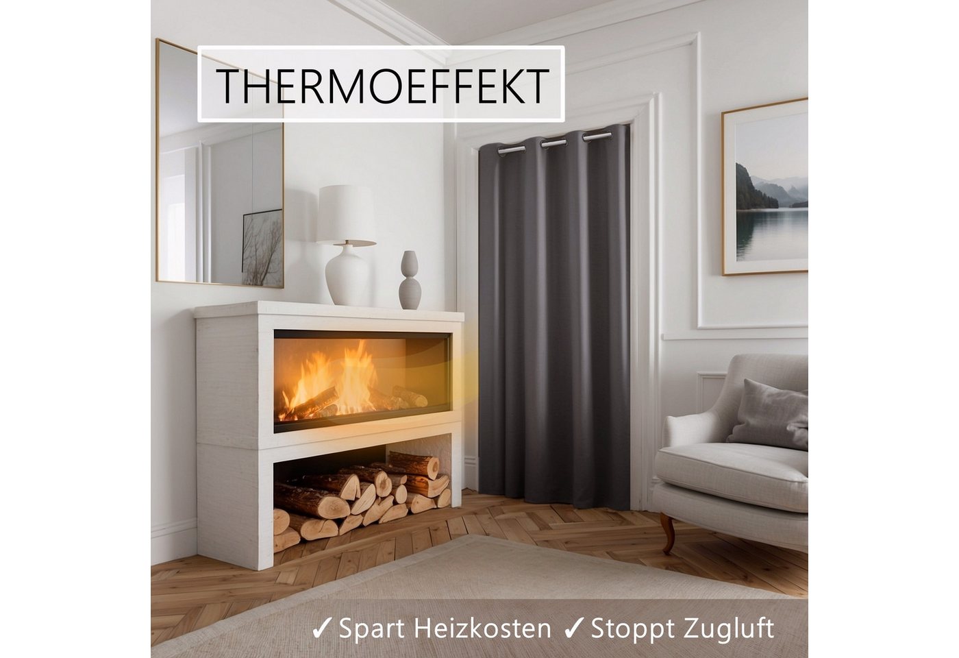 tinycurtains Türvorhang mit Stange weiß 70-120 cm Thermo Vorhang ohne Bohren, blickdicht, Ösen, verdunkelnd, Polyester, grau Nebula, Türgardine mit Klemmstange  – Bild 4 von 5