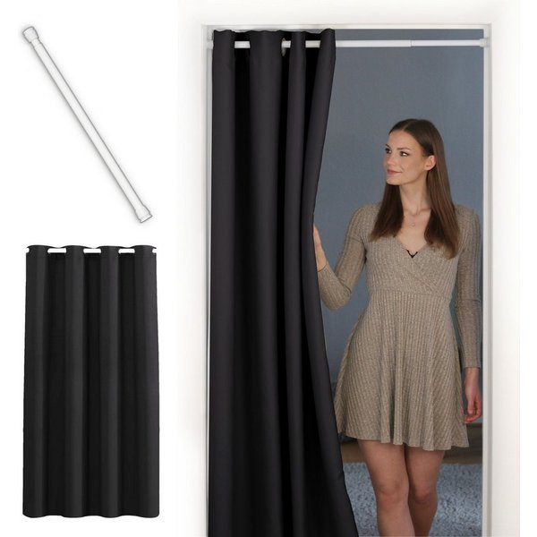 tinycurtains Türvorhang mit Stange weiß 70-120 cm Thermo Vorhang ohne Bohren, blickdicht, Ösen, verdunkelnd, Polyester, blickdicht, Schwarz Eclipse, Türgardine 