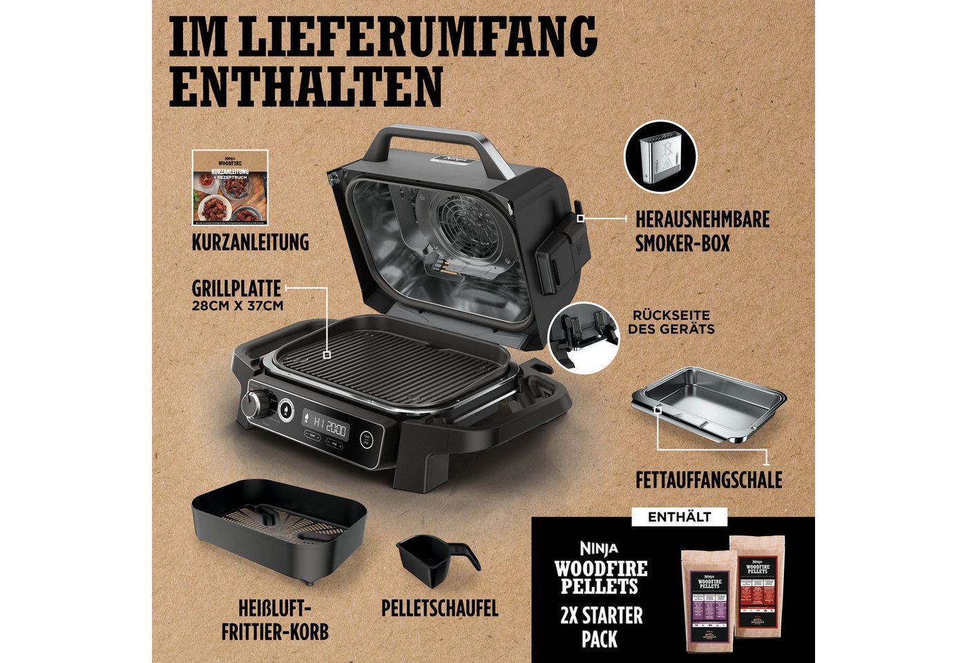 NINJA Tischgrill Ninja Woodfire OG701EU, 2400 W, Elektrischer Outdoor Grill – Bild 5 von 5