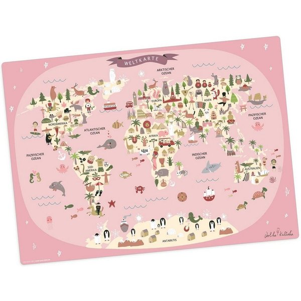 Tischsetmacher Platzset Tischset, Platzset abwaschbar - Kinder - Weltkarte rosa mit Tieren, (aus erstklassigem Vinyl (Kunststoff - BPA-frei) - in deutsch, 1-St.