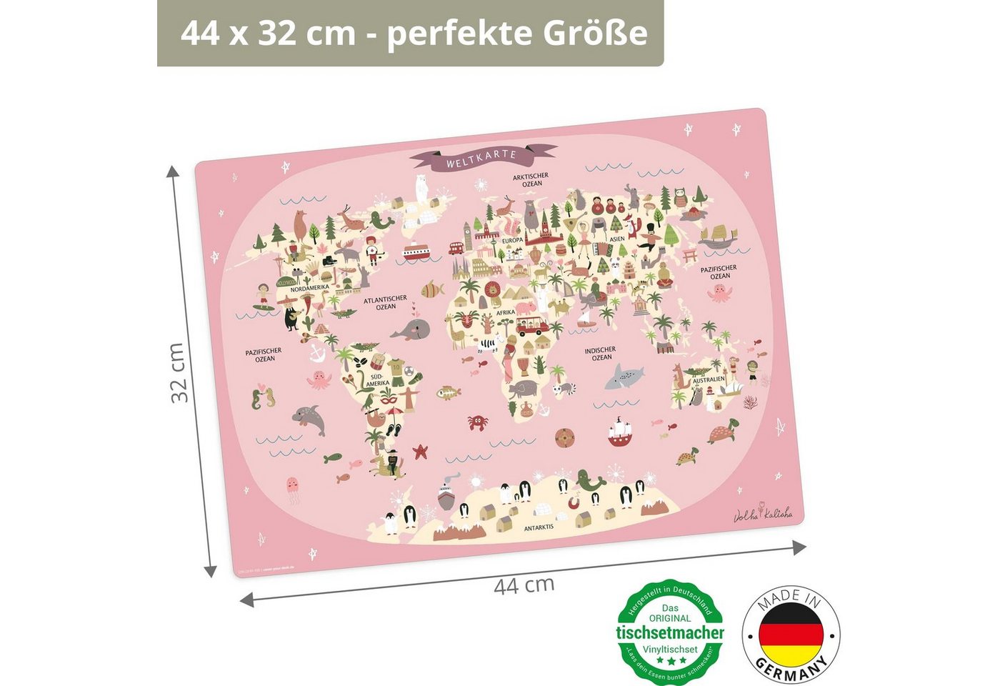 Tischsetmacher Platzset Tischset, Platzset abwaschbar - Kinder - Weltkarte rosa mit Tieren, (aus erstklassigem Vinyl (Kunststoff - BPA-frei) - in deutsch, 1-St. – Bild 2 von 5