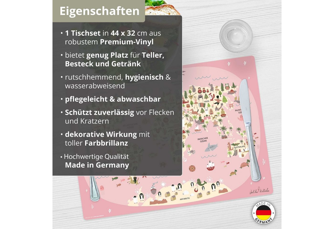 Tischsetmacher Platzset Tischset, Platzset abwaschbar - Kinder - Weltkarte rosa mit Tieren, (aus erstklassigem Vinyl (Kunststoff - BPA-frei) - in deutsch, 1-St. – Bild 3 von 5