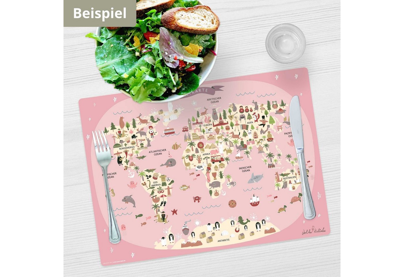 Tischsetmacher Platzset Tischset, Platzset abwaschbar - Kinder - Weltkarte rosa mit Tieren, (aus erstklassigem Vinyl (Kunststoff - BPA-frei) - in deutsch, 1-St. – Bild 4 von 5