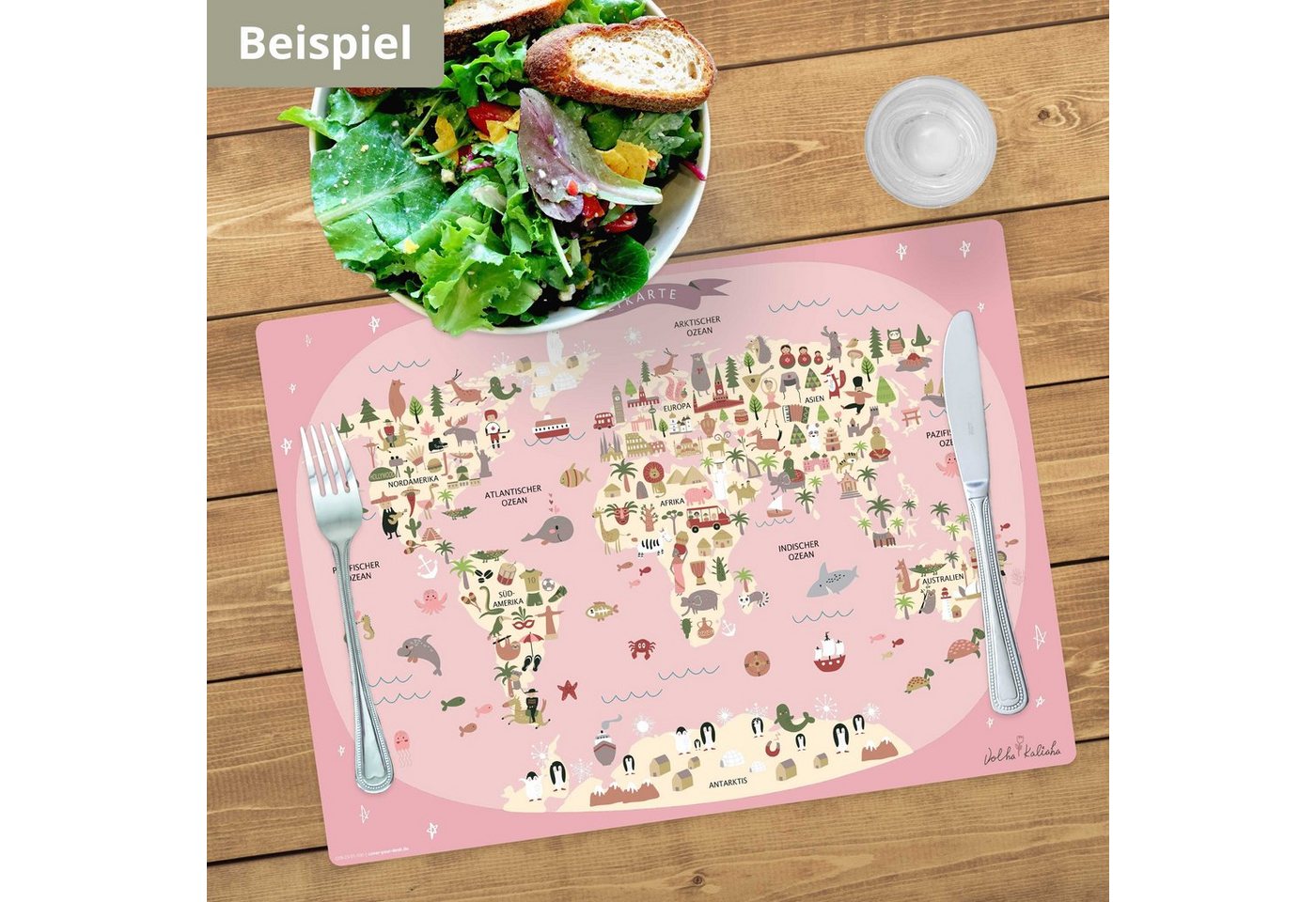 Tischsetmacher Platzset Tischset, Platzset abwaschbar - Kinder - Weltkarte rosa mit Tieren, (aus erstklassigem Vinyl (Kunststoff - BPA-frei) - in deutsch, 1-St. – Bild 5 von 5